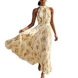 Festliche Kleider Für Damen Lang Neckholder Kleid Hochzeitsgast Damen A-Linie Blumen Abendkleider Elegant Für Hochzeit Sommerkleider Frauen Leicht Und Luftig Sommerkleid Mit Gürtel Ballkleid