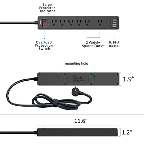 6Ft Power Bar Extension Cord - Yintar Power Strip Surge Protector with 6 AC Outlets and 3 USB Ports(1 USB C), 6 Feet Extension Cord, 1680 Joules, ETL Listed, (Black) image 4