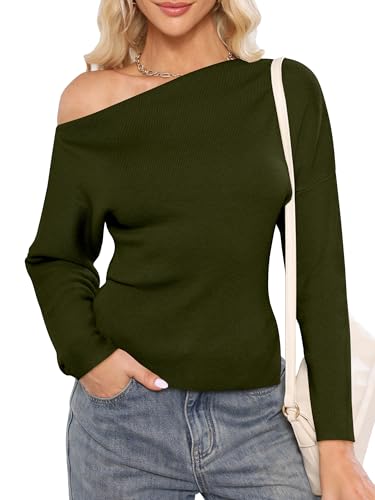 OUKODS Womens Off Shoulder Sweaters 2025 Fall Long Sleeve Loose Fit Knit Tops Casual Pullovers Jumpers, Army Green, Small