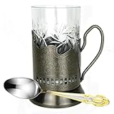WORLD GIFTS 3 Piece Russian Tea Set Crystal Tempered Hot Tea Glasses with Metal Glass Holders Podstakannik w/Teaspoon - Vintage Design Drinkware - 1 glass, 1 holder, 1 spoon
