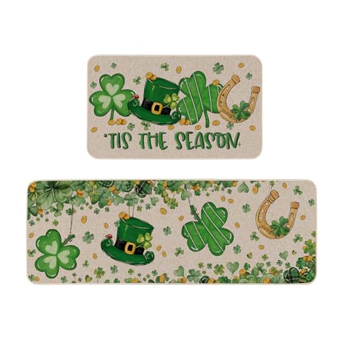 Moutina Tis The Season Shamrock St Patricks Day Kitchen Rugs Set of 2, Spring Lucky Shamrock Home Decor Low-Profile Kitchen Mats for Floor - 17x29 and 17x47 Inch