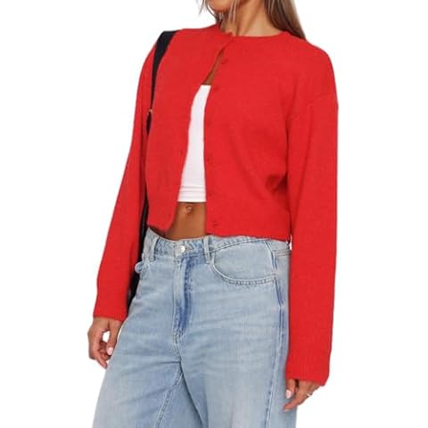 Women Y2K Cardigan Sweater Open Front Button Down Long Sleeve Crop Sweater 90s Vintage Blouse Fall Going Out Top (Red, M) Cover
