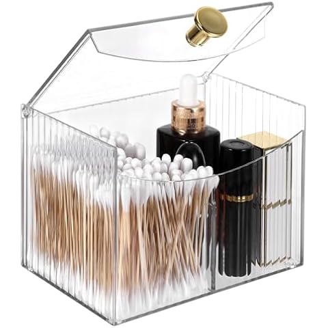 Jaarssho 2-Grid Qtip Holder Dispenser,Transparent Cotton Ball Holder,Clear Bathroom Organizer with Lid Guest Bathroom Essentials for Cotton Swabs and Balls Container Cosmetics Storage for Vanity Cover