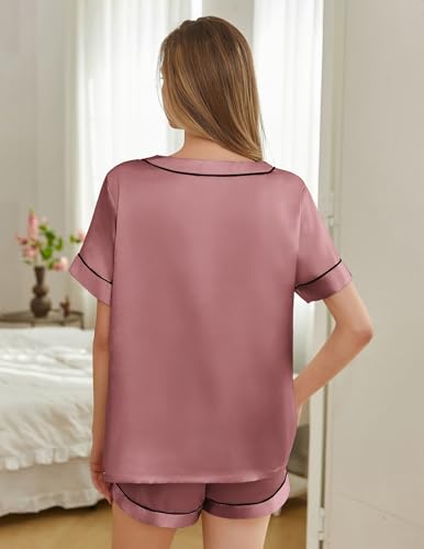 Image of Silk Pajamas for Women Short Sleeve Satin 2 Piece Pj Set Soft V Neck Sleepwear Loungewear, S-XXL