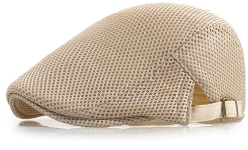 Xinveen Men's Mesh Cap Breathable Summer Newsboy Hat Adjustable Beret Ivy Cap Irish Cabbie Driving Hunting Hats Beige