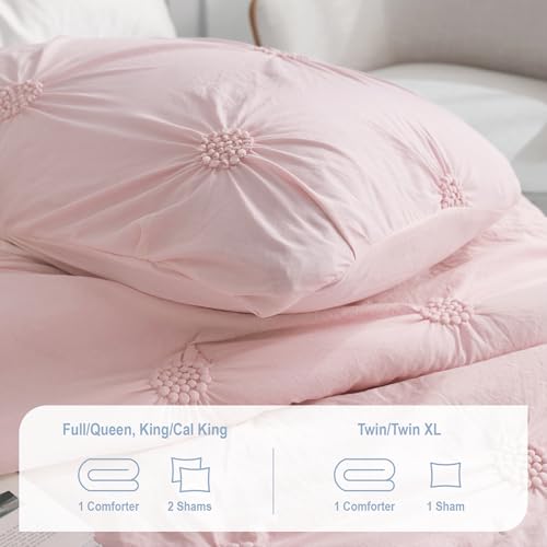 Image of Swift Home King Baby Pink Rose Blush Comforter Set - Ruched 3D Floral Pintuck Bedding Set - 3 Pieces Bed Linen, 1 Comforter and 2 Pillow Shams