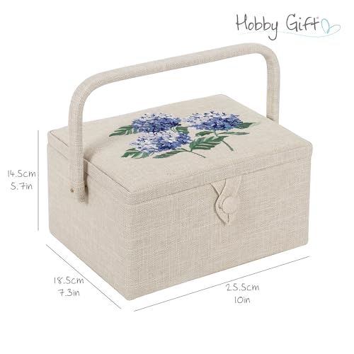 Hobby Gift Nähkästchen Mittel mit Griff - Nähkorb aus Baumwolle mit Fächern für Nähzubehör & Werkzeuge - Aufbewahrungsbox für Handarbeit - 18,5 x 25,5 x 14,5 cm, Hortensien