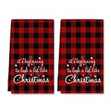 Horienteeon 2 toallas de cocina de Navidad, con texto en inglés 'It's Beginning To Look A Lot Little Christmas', toallas de mano decorativas de búfalo negro y rojo, para platos, té, multiusos