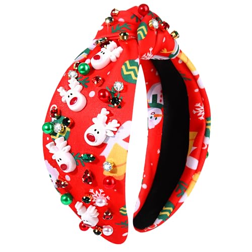 NVENF Christmas Headband for Women Jeweled Xmas Plaid Headband Embellished Crystal Pearl Knotted Headbands Wide Top Knot Holiday Hairband Christmas Hair Accessories Holiday Outfits Gifts (Reindeer)