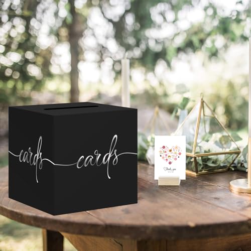 Image of Black Card Box with Silver Foil Design, Paperboard 8.7 inch Card Box for Birthday Wedding Party Graduation Retirement Anniversary Valentine's Day & Baby Showers Halloween, Raffle or Money Box