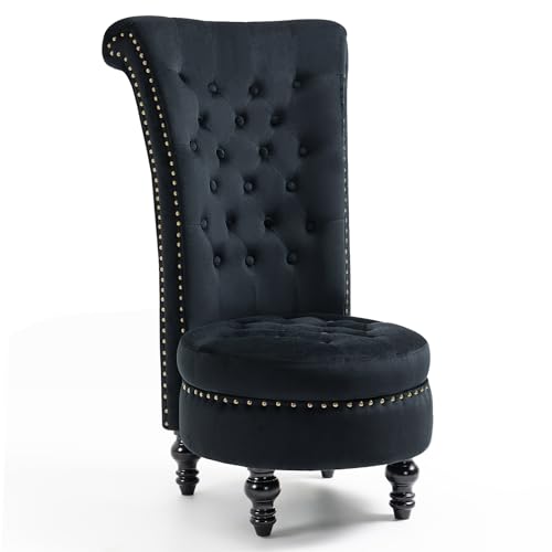 AVAWING High Back Throne Chair, Velvet Armless Royal Accent Chair w/Storage, Nailhead Trim & Rubberwood Legs for Living Room & Bedroom, Black