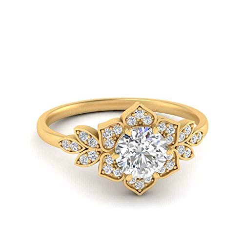 Image of 55Carat Choose Your Gemstone 14k Yellow Gold Plated Round Shape Halo Engagement Rings Everyday Jewelry Floral Halo Diamond CZ Handmade Engagement Birthstone Ring Gifts for Wife : US Size 4 to 12