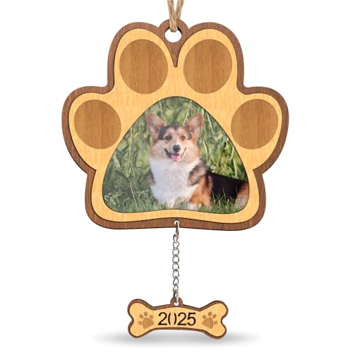 Creawoo Dog Paw Picture Ornament, Pawprints Picture Frame, Wooden Christmas Photo Ornaments 2025, Perfect Pet Frame Keepsake with Bone Dangle