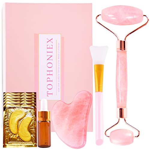 TOPHONIEX Jade Roller & Gua Sha Set, Jade Roller for Face, Gua Sha Facial Tools, Anti Aging Jade Roller-5 in 1 Rose Quartz Skin Care Tools for Face Massager, Body, Eyes, Neck, Skin Tightening