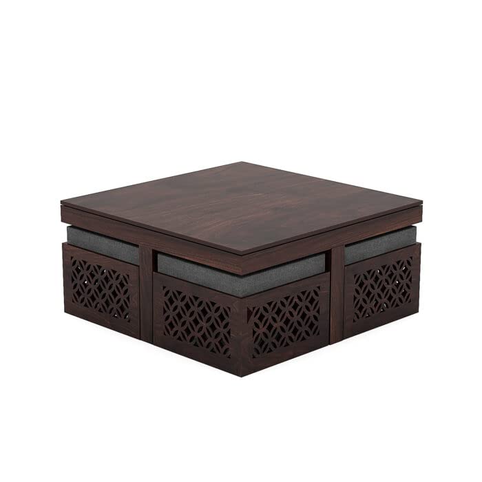 Image of Douceur Furnitures Solid Sheesham Wood Coffee Table with 4 Cushioned Stools for Living Room, Home, Guest Room, Office, Hotel & Cafe | Walnut Finish | Grey Cushions