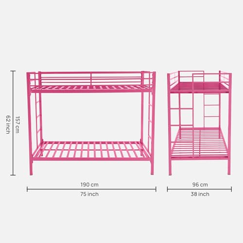 Image of Pilio Twin Over Twin Metal Bunk Beds for Kids | Bunker Bed for Adults | Double Decker Bed for Kids Room Furniture | Frame Only, Mattress not Included (Pink)
