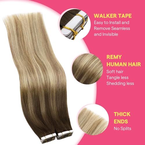 Image of Sunny Hair Tape in Hair Extensions Human Hair Blonde for Morning Routines | Dark Golden Blonde Highlight Platinum Blonde,Wedding Guest Hair,16Inch 25g 10Pcs,Easy to be Style,for Everyday Wear