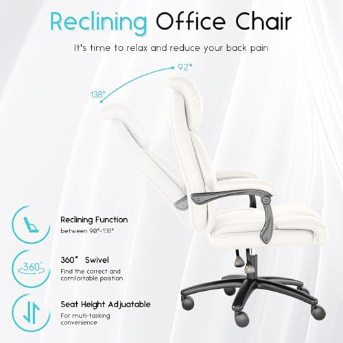 Ollega Big and Tall Reclining Executive Office Chair, 400lbs Leather, White — view 4