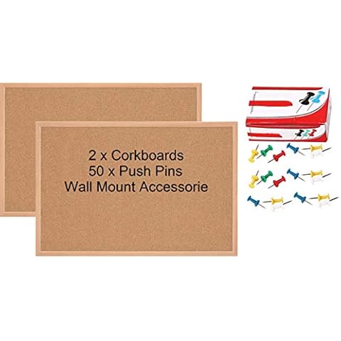 2 x Large Cork Notice Board Bulletin Vision Pin Boards for Bedroom Offices Memo Message Pictures Planner Home Display Organiser Wood Frame Corkboard - with 50 Push Pins and Wall Mount Screws Cover