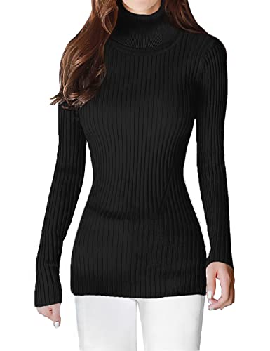 v28 Women Stretchable Turtleneck Knit Long Sleeve Slim Fit Sweater (L,Black)