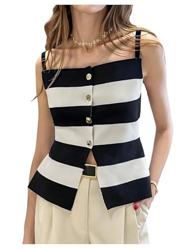 MakeMeChic Women's Color Block Button Down Vest Spaghetti Strap Sleeveless Summer Cami Tops