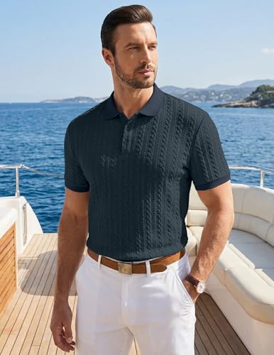 Image of JMIERR Men's Casual Polo Shirt Knitted Textured Short Sleeve Stretch Golf Shirt Summer Vacation Beach Collared Shirts