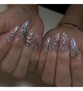3D Silver Butterfly Press on Nails Medium Almond Fake Nails Purple Gradient False Nails With Star...