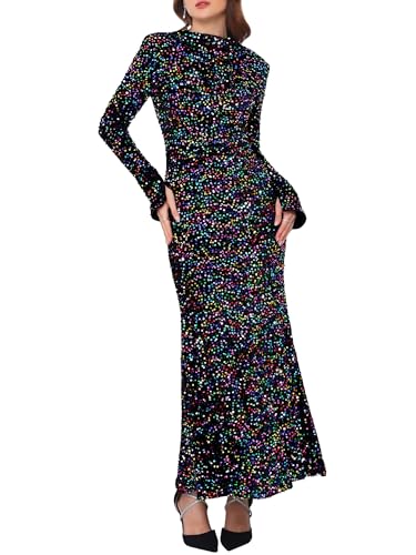 Women's Sequined Maxi Dress Velvet Crewneck Long Sleeve Cocktail ...