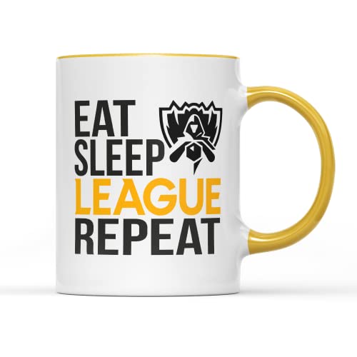 WillowGifts Eat Sleep League Repeat Mug Tea Caffeine Coffee Cup Novelty Fun Video Game Gamer Legends Multiplayer Online Battle Arena Character Combat Gift Present (Yellow Handle)