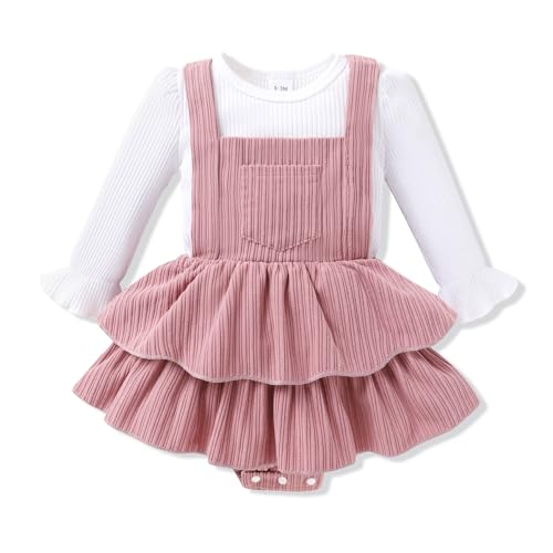 Image of YOUNGER TREE Newborn Baby Girl Fall Winter Outfits Long Sleeve Romper Corduroy Overall Dress Infant Skirt Clothes Sets