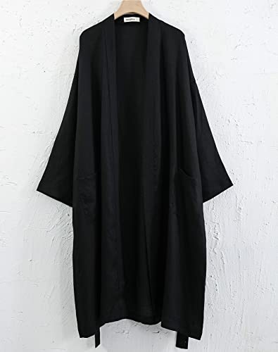 Image of Amazhiyu Womens Pure Linen Mid Length Kimono Robes Lightweight Long Sleeve Bathrobe