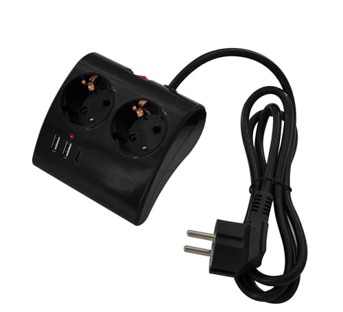 Ewent Multipresa da scrivania/tavolo con 2 Prese Schuko e 2 porte USB-A e 1 porta USB-C, Interruttore ON/OFF, 3680W, Protezione da Sovraccarico, Spina Schuko 16A e cavo da 1.5mt, Nera