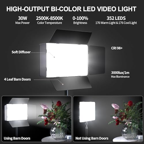 Scrhot 2 Pack LED Video Light with Barndoor, 30W Photography Lighting with Tripod Stand, 3000Lux CRI 98+ 2500K-8500K Studio Light Podcast Lighting for Video Recording, Game Live Streaming, Vlogging by scrhot - Image 2