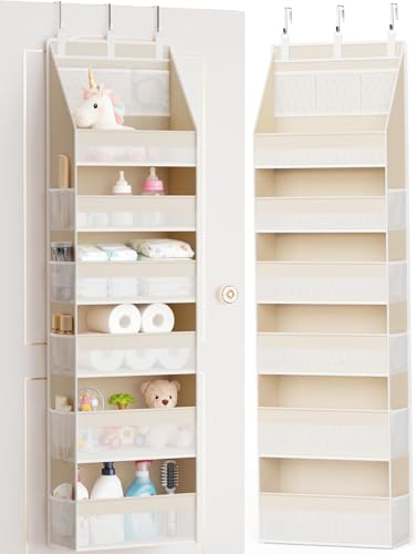 Over The Door Organizer， 6-Shelf Closet Hanging Storage with 13 Mesh Pockets Behind Door Closet Organizer and Storage for Nursery, Bathroom, Bedroom, Pantry (Beige)