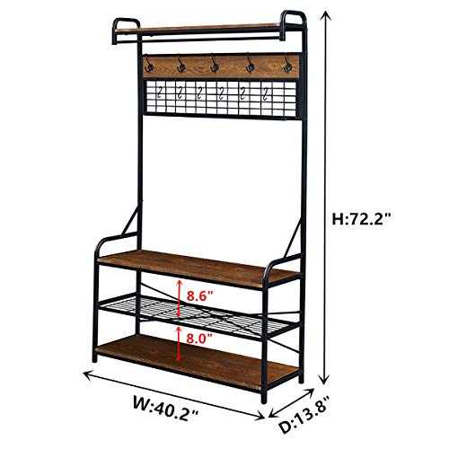 Homissue 5-In-1 Entryway Hall Tree With Shoe Bench, Coat Rack With 11 Hooks And 2 Hanging Rods, Grid Panel For Memo And Photo Display, Brown Finish #TOP6