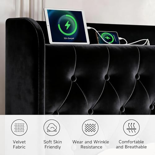 Image of koorlian Queen Bed Frame with Headboard, Adjustable Upholstered Platform Bed Frame with Type-C&USB Ports, Wingback Storage Headboard, Solid Wood Slats Support, No Box Spring Needed, Luxe Black