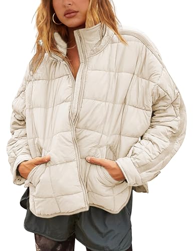 Bianstore Women's Oversized Splice Quilted Lightweight Puffer Jacket Casual Padded Coat (Khaki-Medium)