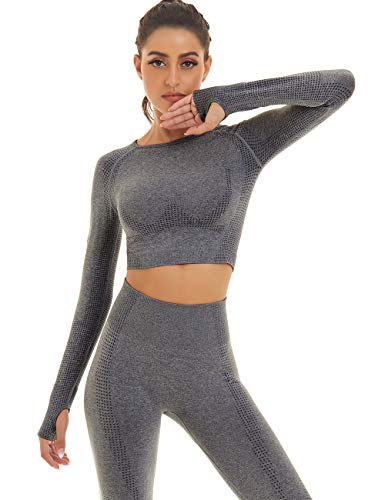 Toplook Women Seamless Workout Outfits Athletic Set Leggings + Long Sleeve Top (Dark Gray, Small)