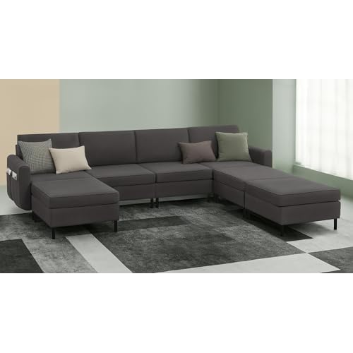 SONGMICS HOME Modular Sectional Sofa, Convertible 7-Seat U-Shaped Couch with Ottoman, Deep Seat, Sectional Couches for Living Room, Slate Gray ULCS065G01