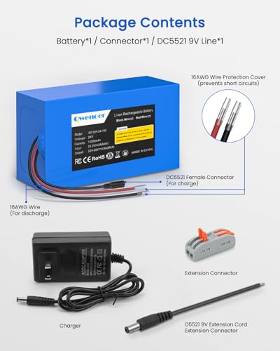Image of 24V 10Ah Lithium Battery, 24V Rechargeable Li-ion Battery with 25.2V 2A Charger, Bare Leads Wire, Cable Connector for Kids Ride On Cars, DIY Project, RC Car, Solar Panels, LED Light Strip, CCTV Camera