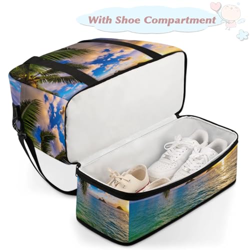 Large Weekender Overnight Bags Ocean Sunrise Palm Travel Duffel Bag for Women Men Gym Bags With Shoe Compartment Foldie Travel Tote Bag Carry On Personal Item Bag for Travel Gym Sports4
