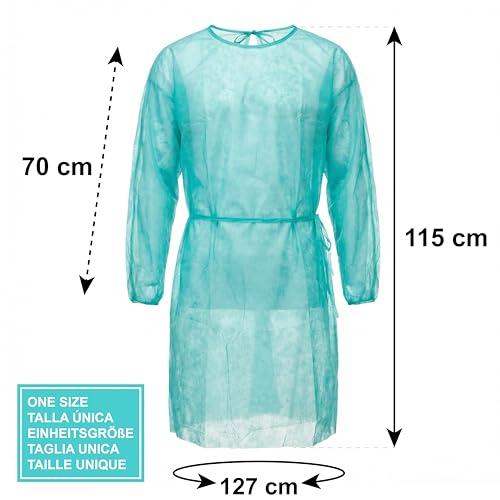 KMINA Einwegkittel Medizinisch (200 Stück) Polypropylen 20g, Lange Ärmel mit Gummizug, 115 x 127 cm Grün für Patienten und Personal