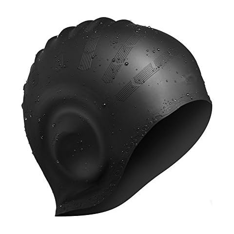 Swimming Cap, Waterproof Silicone Unisex Swimming Hat Long Hair Hat with Ear Cover for Women and Men for Water Sports (Black) Cover