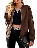 Zeagoo Women's Bomber Jacket Faux Suede Casual Bomber Coat Zip Up Biker Jacket with Pockets