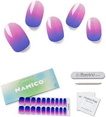 NAMICO Semi Cured Gel Nail Strips,20 pcs Gel Nail Stickers, Glaze Gel Nail Strips, Easy to Use Long Lasting Salon Quality Nail Wraps, Includes Prep Pads, Nail File & Wood Stick (Blue purple gradient)