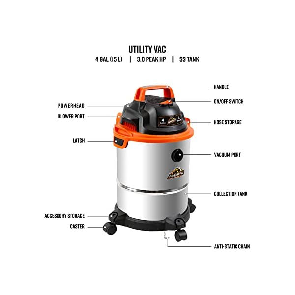 Armor All VO408S 0901 4 Gallon Wet/Dry Vac 3.0 Peak HP Shop Vacuum with 3 Nozzles and 1 Brush, Stainless Steel Tank, Orange - Image 3