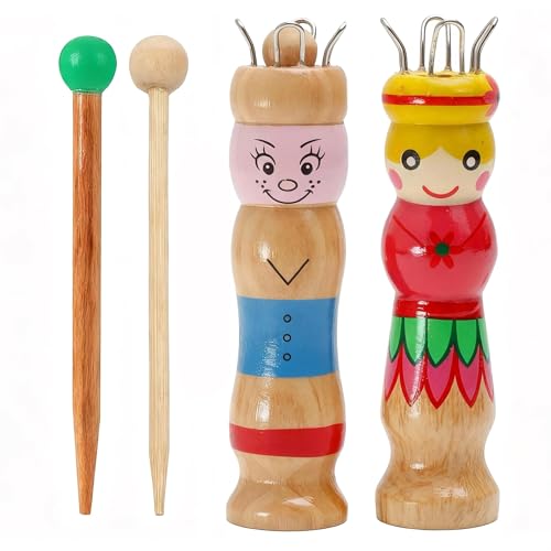 VOSSOT 2 Stück Strickliesel Strickliesel mit 4 Haken Holznadel Stricksusel aus Holz mit Holznadel und Strickgarn Holz Stricknadeln Bastelset