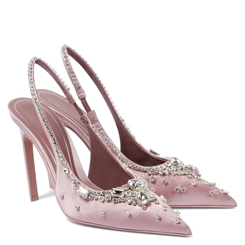 Women's Crystal Slingback Pumps Pointed Toe Slip On Stiletto Heels Rhinestone Satin Stiletto Sandals Elegant Evening Dress Slingback Heels4