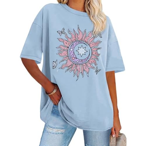 Womens Oversized Tshirt Graphic Tees Crew Neck Summer Short Sleeve Loose Fit Tops (Blue Sun Moon Butterfly, S)