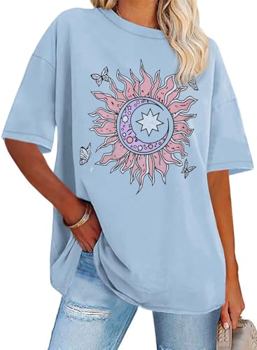 Gosunny Tshirt Damen Sommer Tops Kurzarm Oversize Bluse Rundhals Casual OberteilBlaue SonneL
